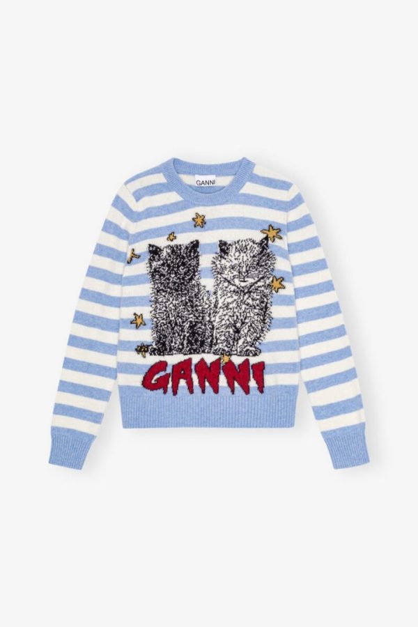 Strriped Graphic Wool Mix Cats Crewneck